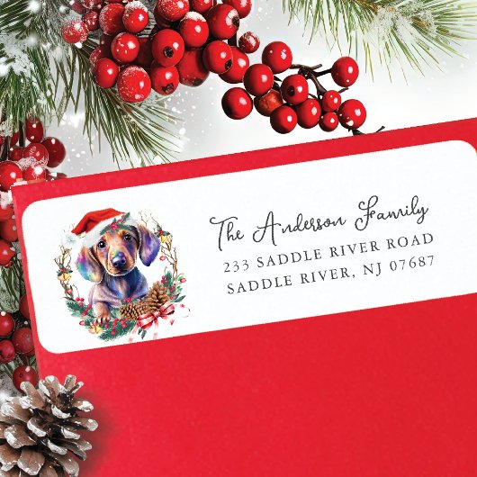 Feestelijke Dachshund Hond in Santa Hat Retouradre Etiket