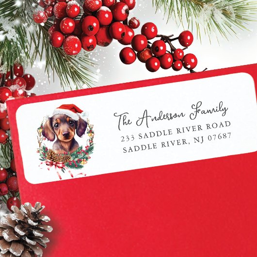 Feestelijke Dachshund Hond in Santa Hat Retouradre Etiket