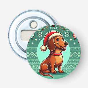 Feestelijke Dachshund met Kerstmanhoed Button Flesopener