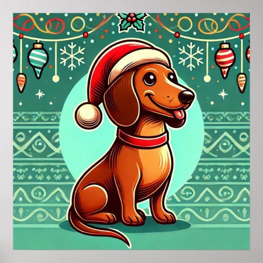 Feestelijke Dachshund met Kerstmanhoed Poster (Voorkant)