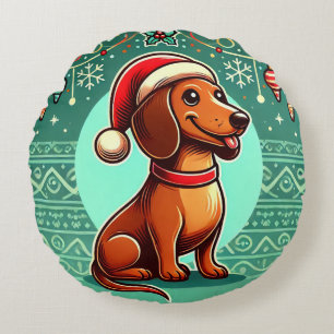 Feestelijke Dachshund met Kerstmanhoed Rond Kussen