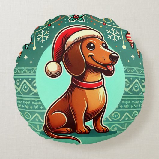 Feestelijke Dachshund met Kerstmanhoed Rond Kussen (Voorkant)