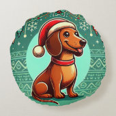 Feestelijke Dachshund met Kerstmanhoed Rond Kussen (Achterkant)