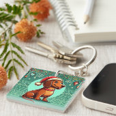 Feestelijke Dachshund met Kerstmanhoed Sleutelhanger (Voorkant Rechts)