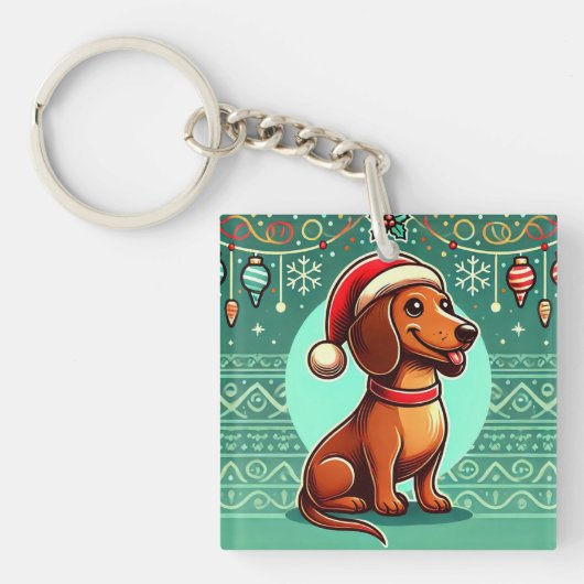 Feestelijke Dachshund met Kerstmanhoed Sleutelhanger (voorkant)