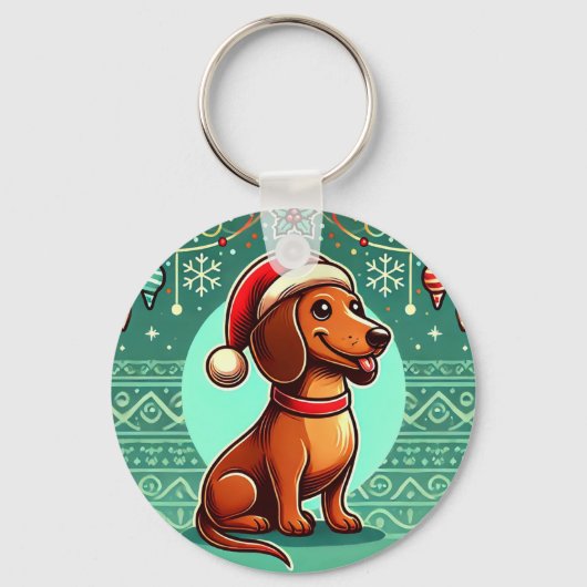 Feestelijke Dachshund met Kerstmanhoed Sleutelhanger (Voorkant)