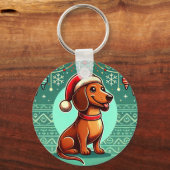 Feestelijke Dachshund met Kerstmanhoed Sleutelhanger (Achterkant)