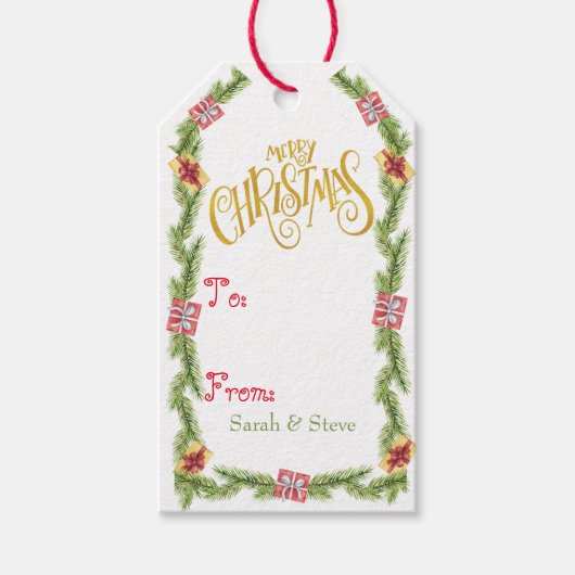 Feestelijke dennen en Cadeaus - Gold Merry Christm Cadeaulabel (Voorkant)
