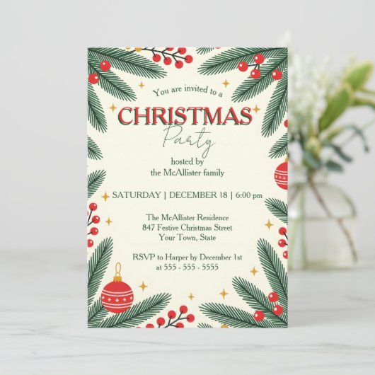 Feestelijke dennentakken Rode bessen kerstfeest Kaart (Staand voorkant)