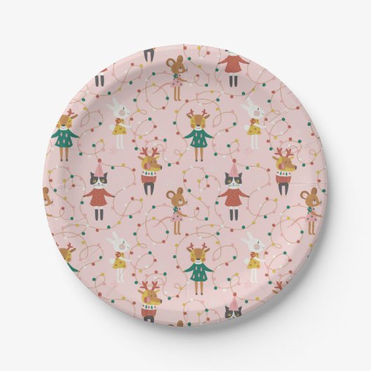 Feestelijke Dierenvrienden Kerstpatroon Papieren Bordje (Voorkant)