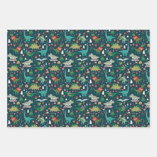 Feestelijke Dinosaurussen Kerstpatroon Inpakpapier Vel (Voorkant)
