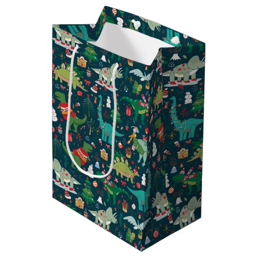 Feestelijke Dinosaurussen Kerstpatroon Medium Cadeauzakje (Voorkant Gekanteld)