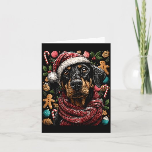 Feestelijke Dobermann Met Kerstman Hoed Besneeuwde Kaart (Voorkant)