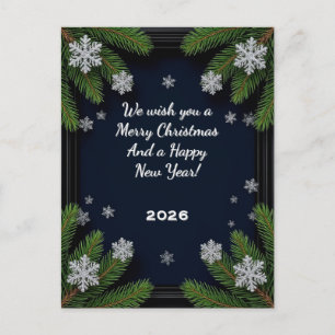 Feestelijke donkerblauwe dennenboomtak frame winte briefkaart