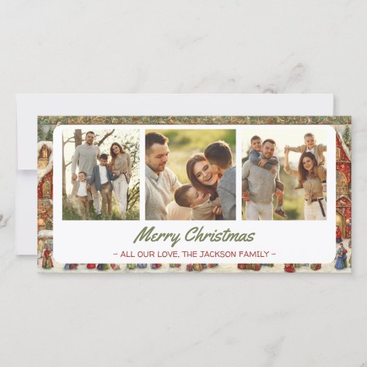 Feestelijke Dorp Kerstgroet 3 Fotocollage Feestdagenkaart (Voorkant)