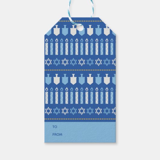 Feestelijke Dreidel Iconen Chanoeka Vakantie Blauw Cadeaulabel (Voorkant)