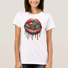 Feestelijke druipende lippen met kerstcadeaus t-shirt
