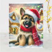 Feestelijke Duitse Herder Puppy in Kerstdorp Kaart (Gele Bloem)