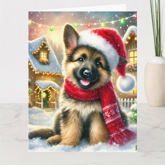 Feestelijke Duitse Herder Puppy in Kerstdorp Kaart (Voorkant)