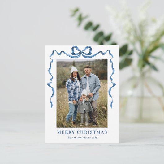 Feestelijke Dusty Blue Christmas Bow Ribbon 2 Foto Briefkaart (Staand voorkant)