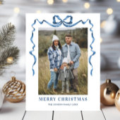 Feestelijke Dusty Blue Christmas Bow Ribbon 2 Foto Briefkaart