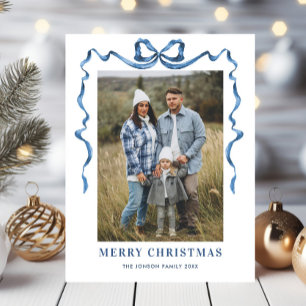 Feestelijke Dusty Blue Christmas Bow Ribbon 2 Foto Briefkaart