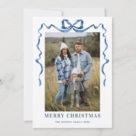 Feestelijke Dusty Blue Christmas Bow Ribbon 2 Foto Feestdagenkaart (Voorkant)