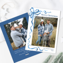 Feestelijke Dusty Blue Christmas Bow Ribbon 2 Foto Feestdagenkaart