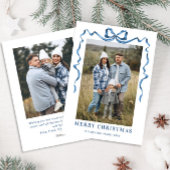 Feestelijke Dusty Blue Christmas Bow Ribbon 2 Foto Feestdagenkaart
