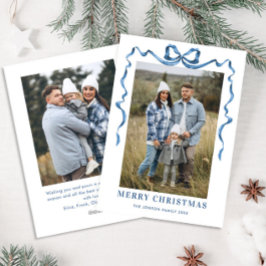 Feestelijke Dusty Blue Christmas Bow Ribbon 2 Foto Feestdagenkaart