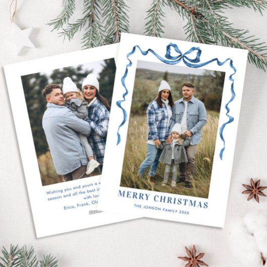 Feestelijke Dusty Blue Christmas Bow Ribbon 2 Foto Feestdagenkaart