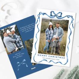 Feestelijke Dusty Blue Christmas Bow Ribbon 3 Foto Feestdagenkaart