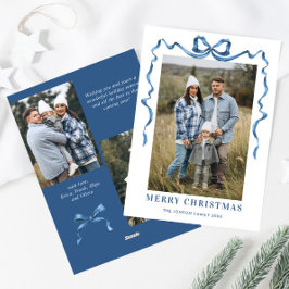 Feestelijke Dusty Blue Christmas Bow Ribbon 3 Foto Feestdagenkaart