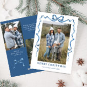 Feestelijke Dusty Blue Christmas Bow Ribbon 3 Foto Feestdagenkaart