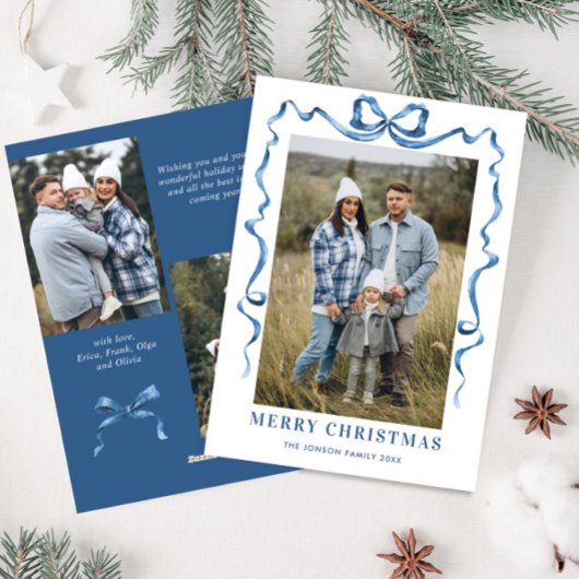 Feestelijke Dusty Blue Christmas Bow Ribbon 3 Foto Feestdagenkaart