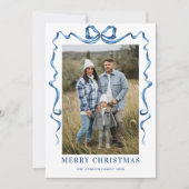 Feestelijke Dusty Blue Christmas Bow Ribbon 3 Foto Feestdagenkaart (Voorkant)