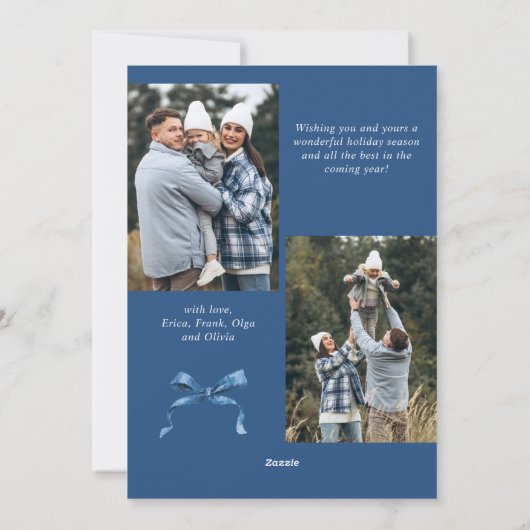 Feestelijke Dusty Blue Christmas Bow Ribbon 3 Foto Feestdagenkaart (Achterkant)