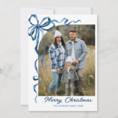 Feestelijke Dusty Blue Christmas Bow Ribbon 5 Foto Feestdagenkaart (Voorkant)