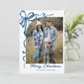 Feestelijke Dusty Blue Christmas Bow Ribbon 5 Foto Feestdagenkaart (Staand voorkant)
