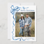Feestelijke Dusty Blue Christmas Bow Ribbon 5 Foto Feestdagenkaart (Voorkant)