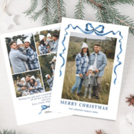 Feestelijke Dusty Blue Christmas Bow Ribbon 5 Foto Feestdagenkaart