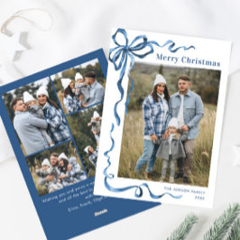 Feestelijke Dusty Blue Christmas Bow Ribbon 5 Foto Feestdagenkaart