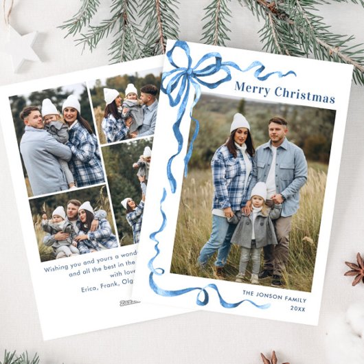 Feestelijke Dusty Blue Christmas Bow Ribbon 5 Foto Feestdagenkaart
