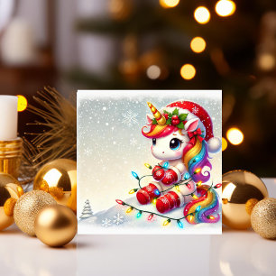 Feestelijke Eenhoorn Gewikkeld in Kerstverlichting Feestdagenkaart