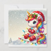 Feestelijke Eenhoorn Gewikkeld in Kerstverlichting Feestdagenkaart (Voorkant)