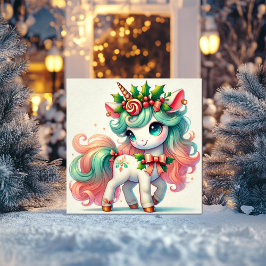 Feestelijke Eenhoorn met Rode Strikken en Suikerst Feestdagenkaart