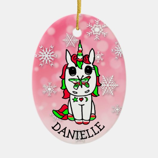 Feestelijke eenhoorn met vlinder op neus Kerstmis Keramisch Ornament (Voorkant)