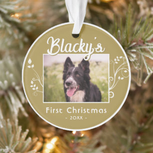 Feestelijke Eerste Kerstdag Puppy Naam Gebladerte Ornament