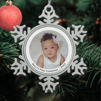 Feestelijke Elegante Foto Baby's Eerste Kerstmis Tin Sneeuwvlok Ornament