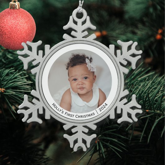 Feestelijke Elegante Foto Baby's Eerste Kerstmis Tin Sneeuwvlok Ornament